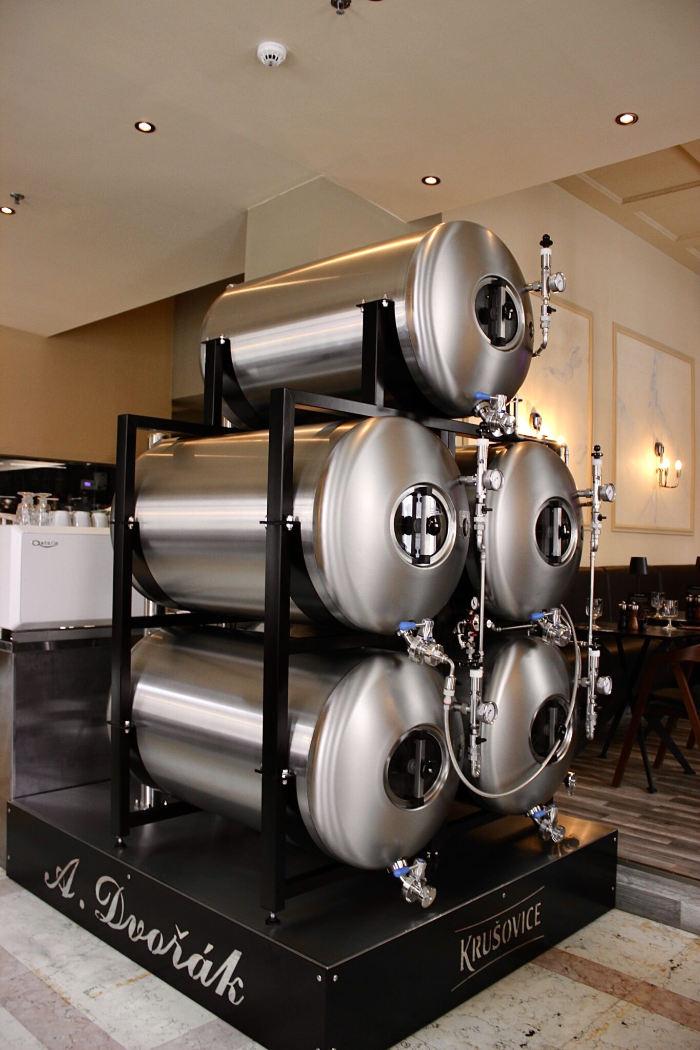 The Krušovice Bohem beer tanks at the A. Dvořák brewery restaurant in Prague.
