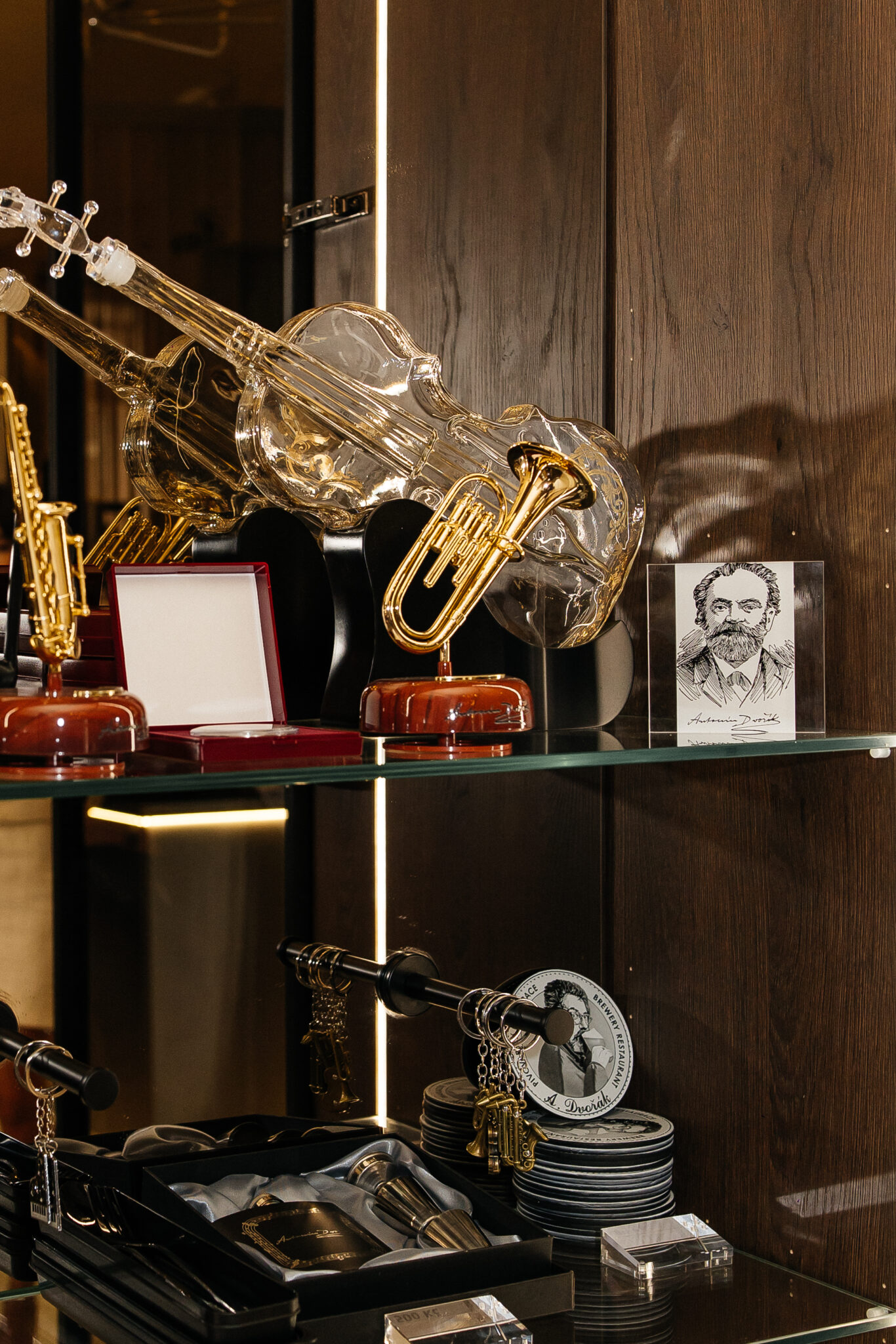 Souvenirs and works of art dedicated to Antonín Dvořák in the museum of the A. Dvořák restaurant in Prague.