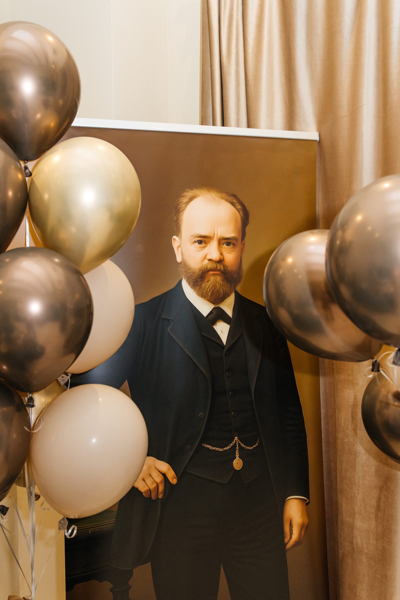 A portrait of the composer Antonín Dvořák at the A. Dvořák restaurant in Prague during the grand opening.