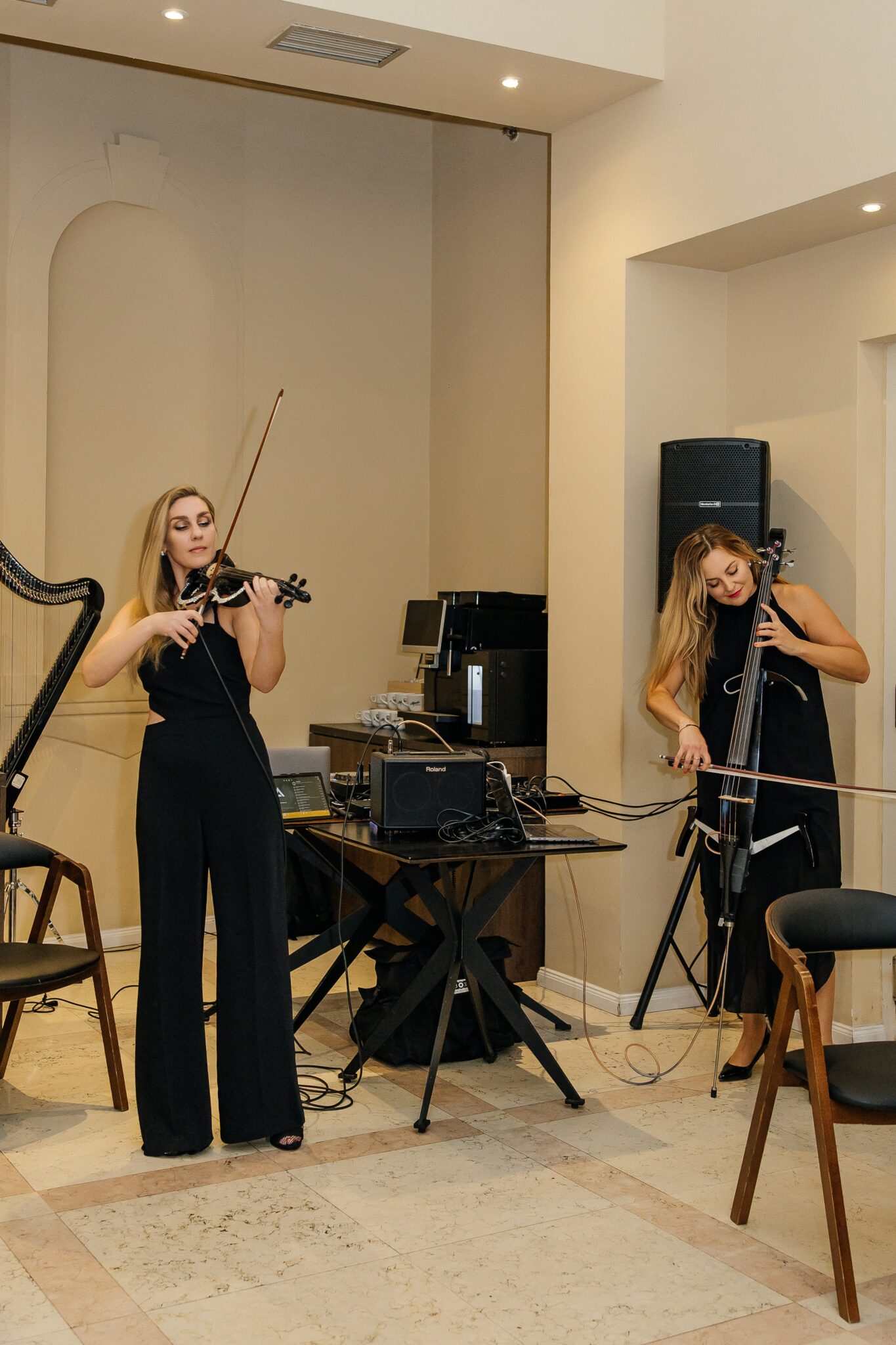 A violinist and a cellist performing during the official opening of the A. Dvořák brewery restaurant and museum in Prague.