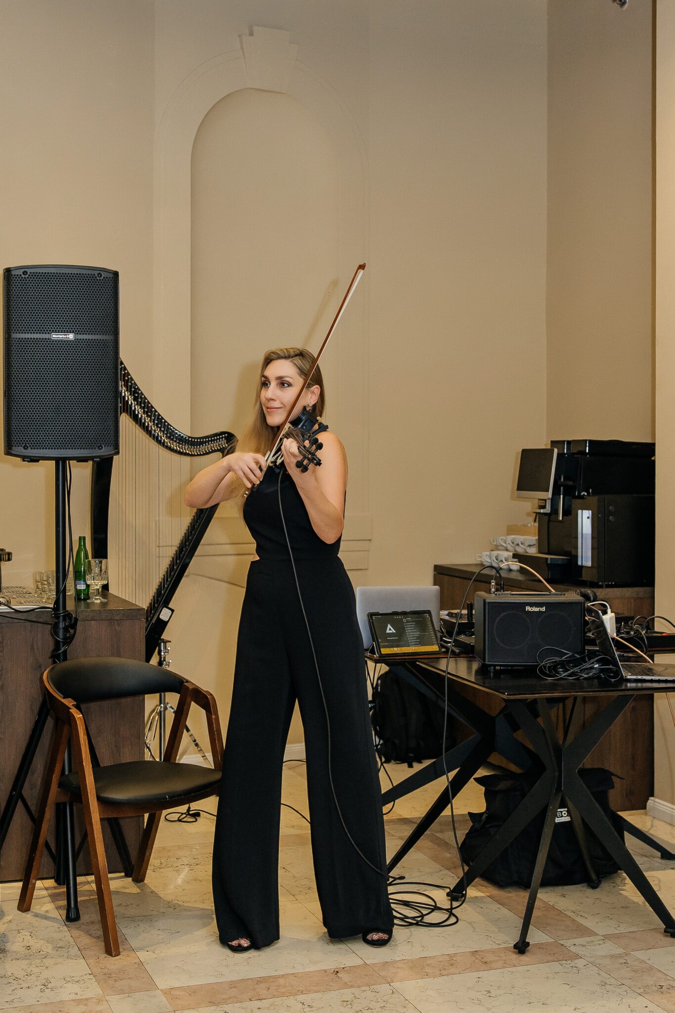 A violinist performing at the official opening of the A. Dvořák brewery restaurant and museum in Prague.
