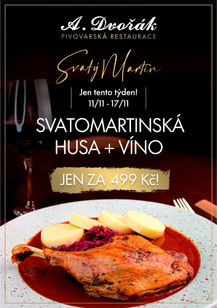 Svatomartinská husa s červeným zelím, houskovým knedlíkem a sklenicí vína – speciální nabídka za 499 Kč v restauraci A. Dvořák Praha 1